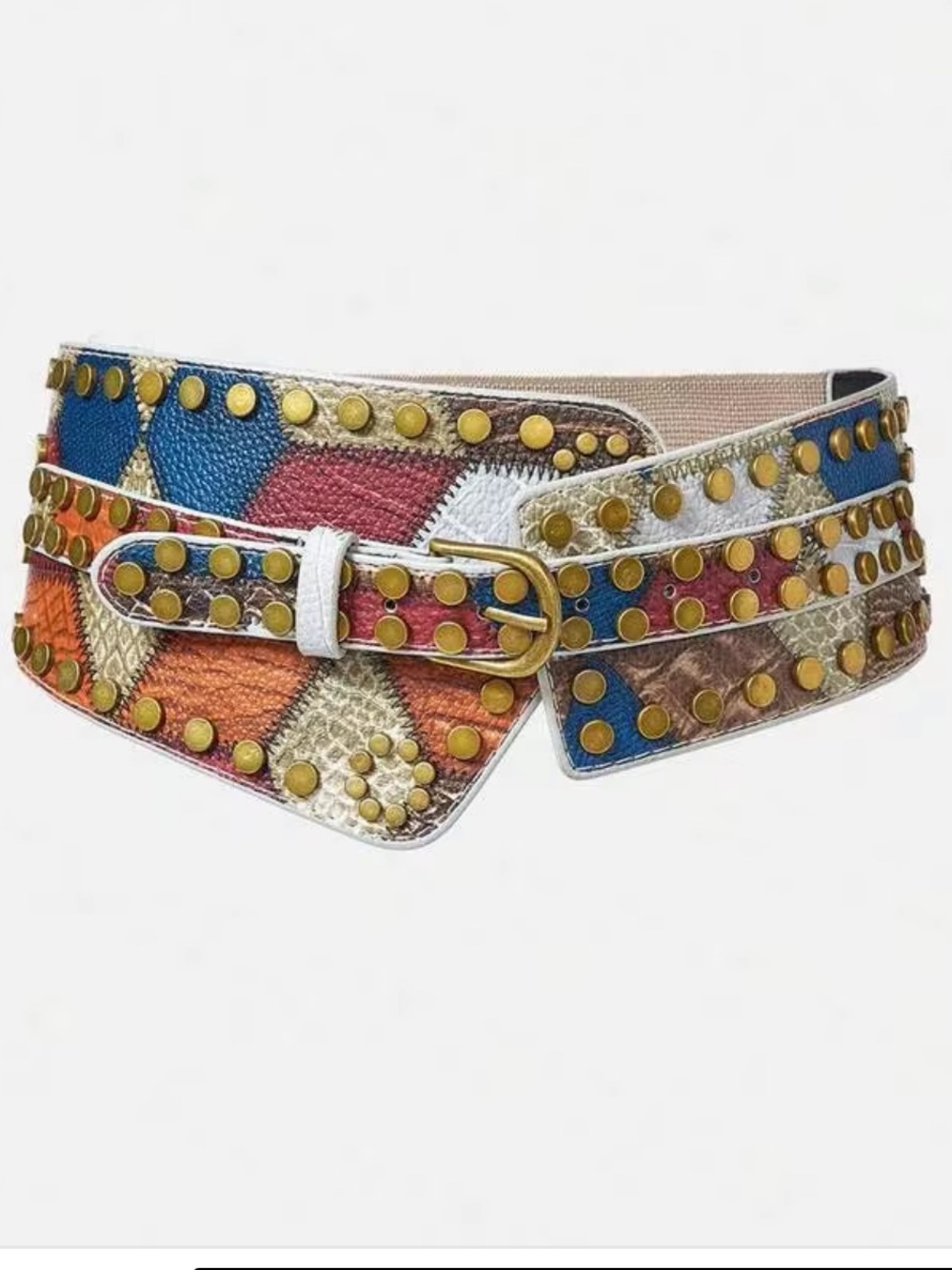 ROMWE Patchwork Multicolor Studded Waist Belt Bronze Gold Hardware Corset Boho